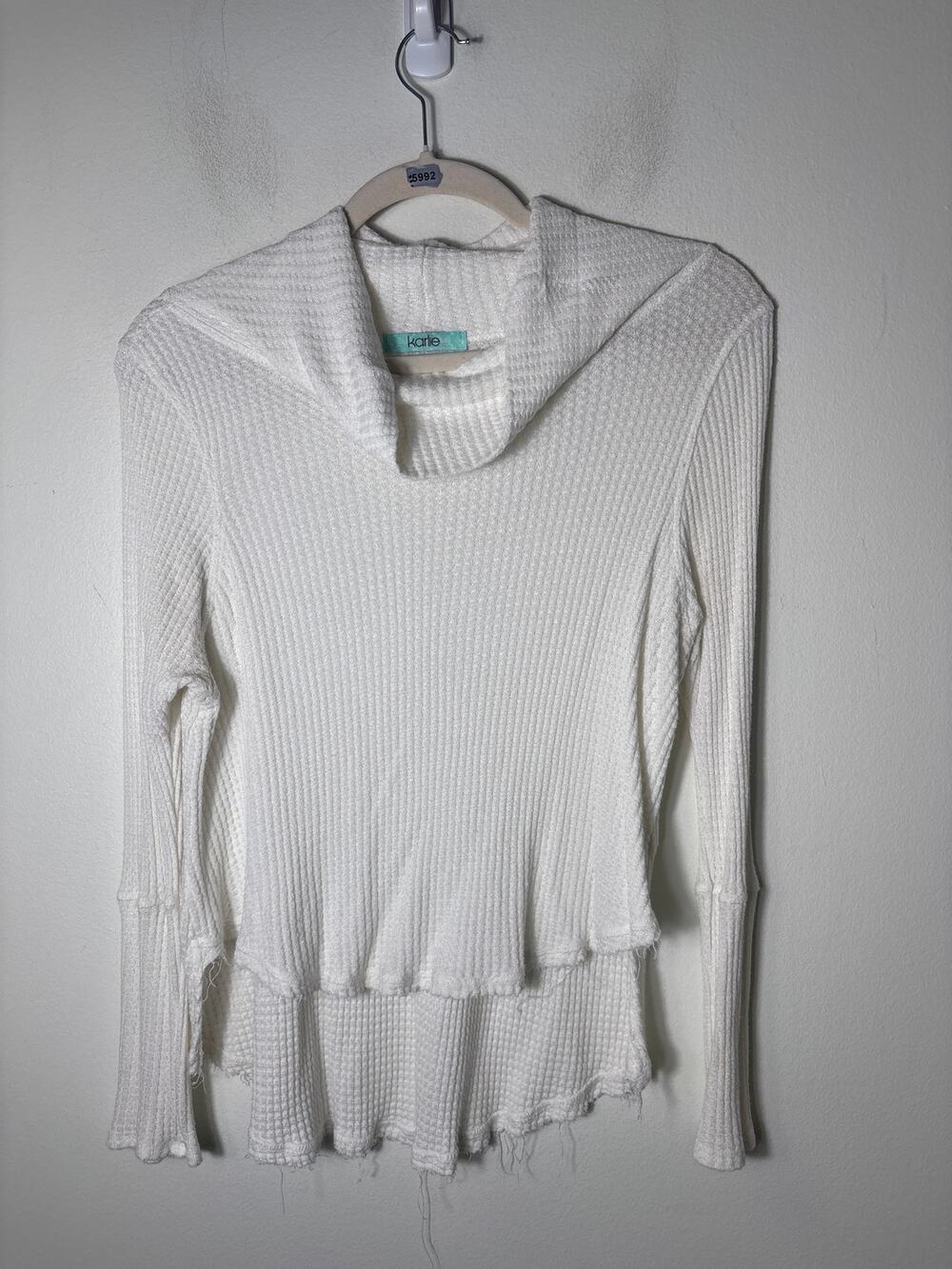 Karlie Off White Long Sleeve Waffle Knit Cowl Neck Top Sz S